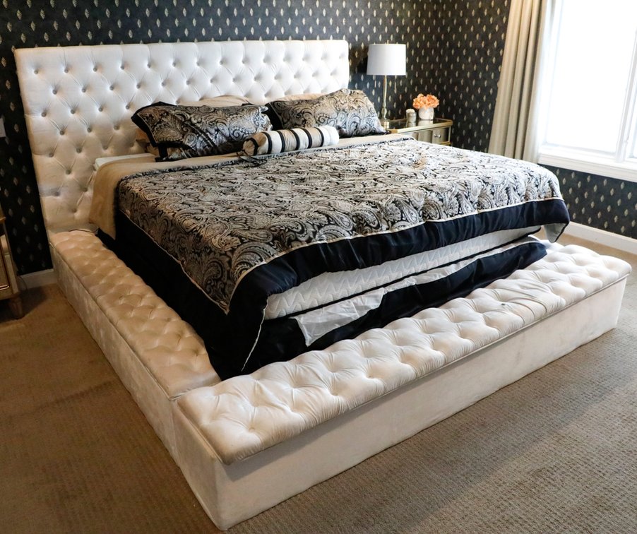 Velvet Button and Tuck Upholstered King Bed Frame
