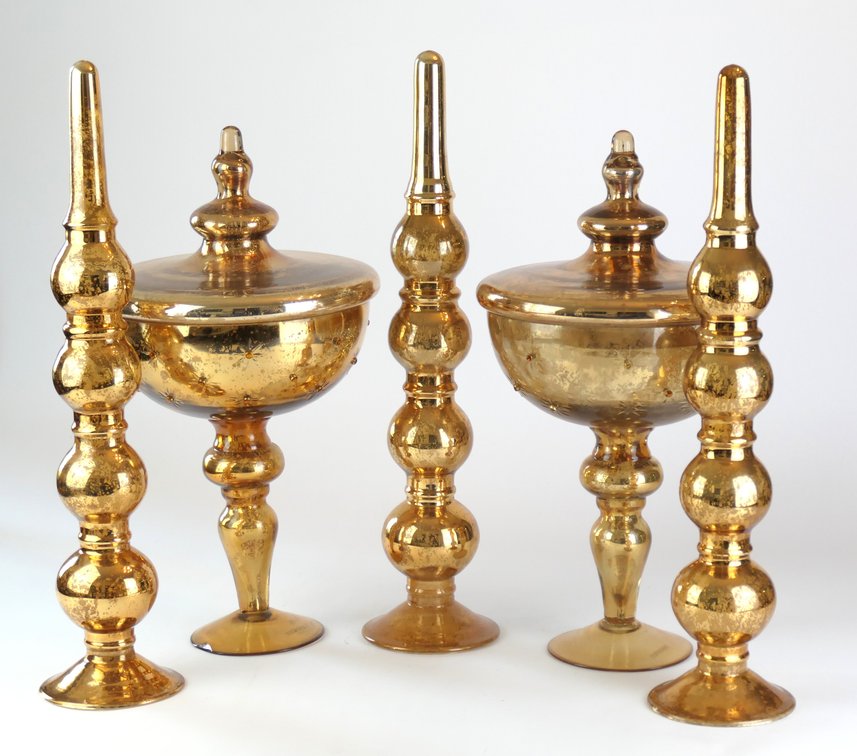 Oversized Gold Tone Table Top Finials and Compotes