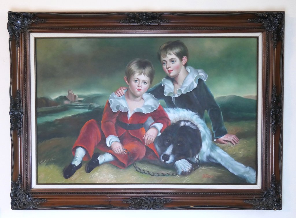 Giclee on Canvas of Two Boys with Dog