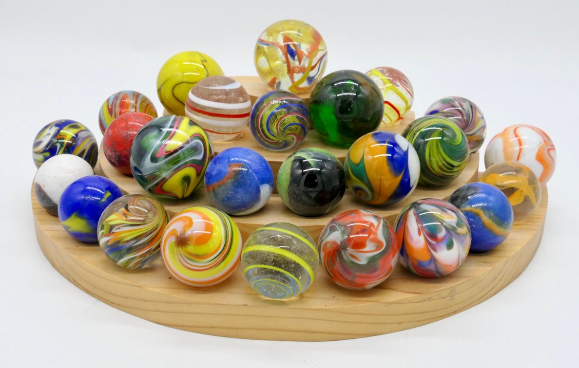 Vintage Glass Shooter Marbles On Tiered Wooden Stand