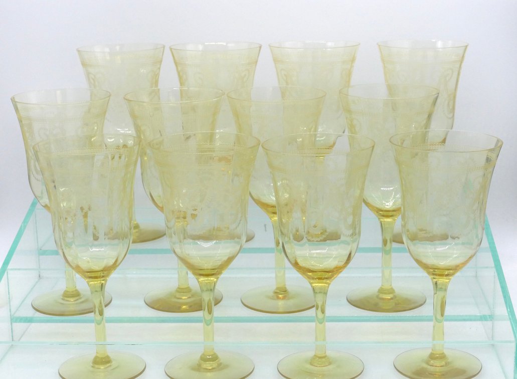 Twelve Amber Etched Wine Glasses