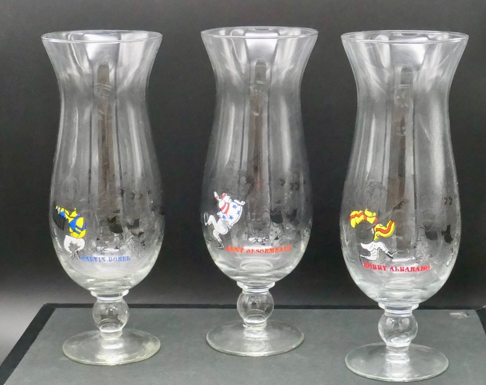 Three Derby Themed Hurricane Glasses