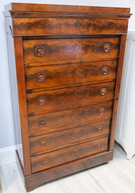 Circa 1860 Louis Philippe Side Lock Burl Mahogany Chest