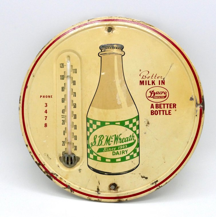 Vintage SB McWreath Dairy Advertising Thermometer