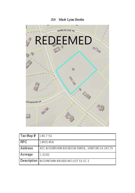 Image for JS10 - 401 Mountain Meadow Drive, Vinton, 1.52 acre +/- Mountain Meadows Lot 53 Section 2 REDEEMED