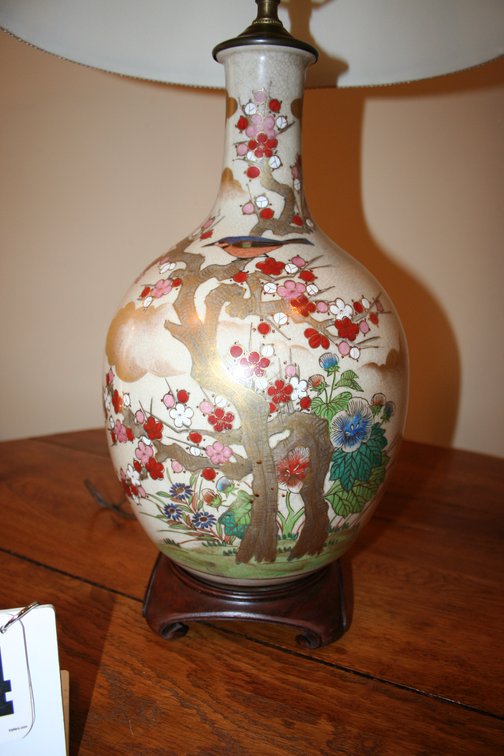 Image for Vintage Chinese Lamp With Linen Shade Hand Painted 30