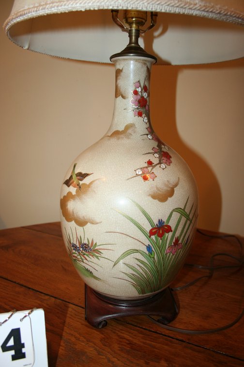 Image for Vintage Chinese Lamp With Linen Shade Hand Painted 30