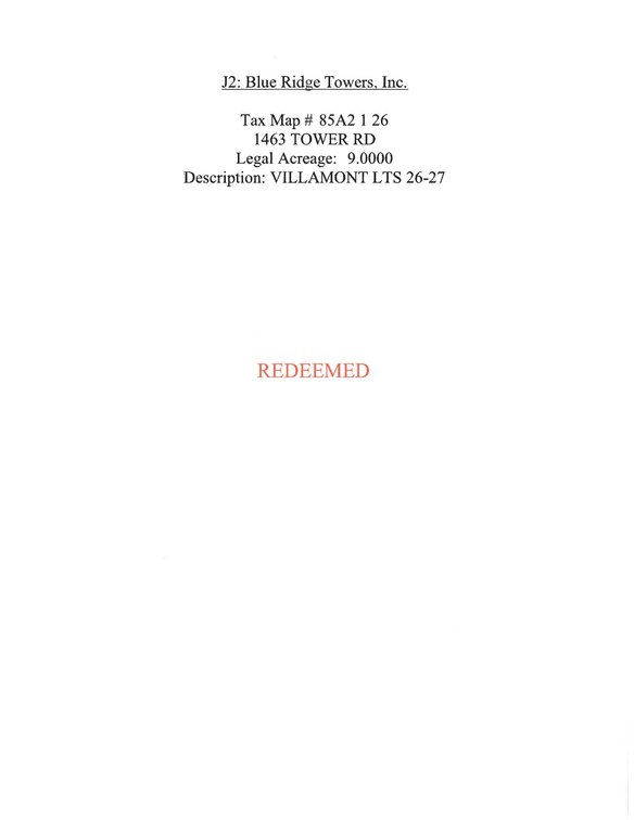Image for REDEEMED JS2 1463 Tower Road, Blue Ridge, Villamont Lots 26-27, 9.00 acres +/-
