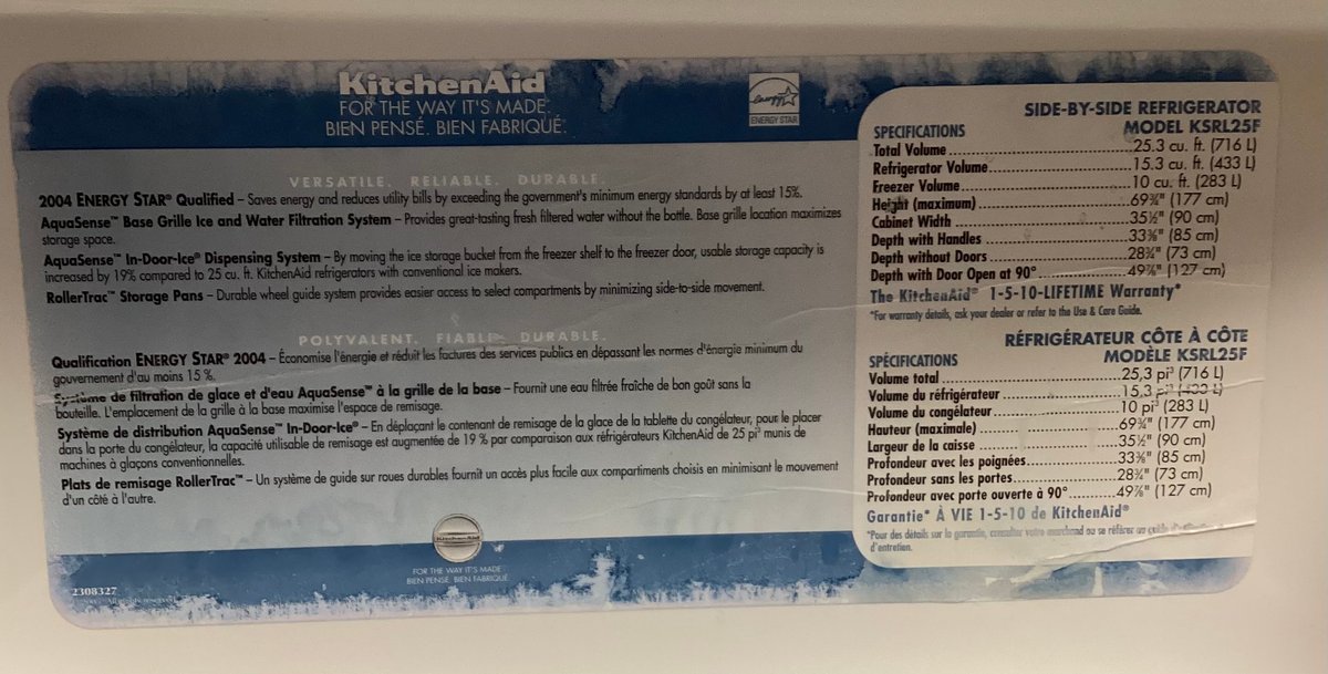 Image for Kitchen Aid Side by Side Refrigerator Freezer
