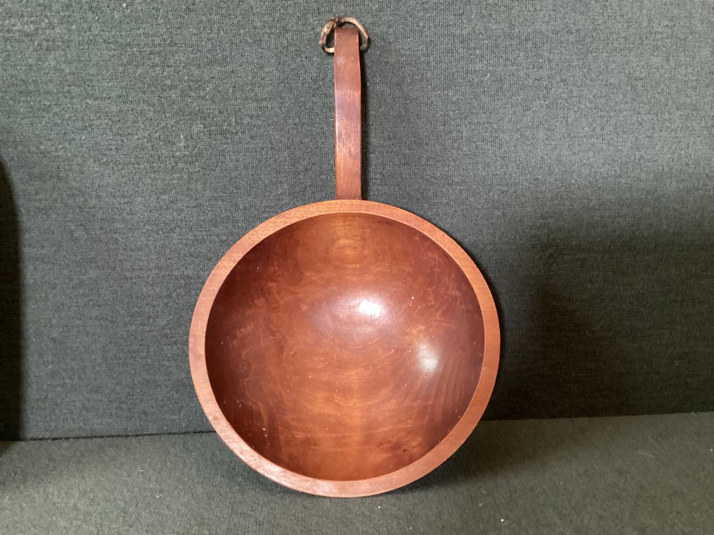 Image for Wooden cheeseboard , wooden bowl, basket, butter mold.  Butter mold has crack in it.