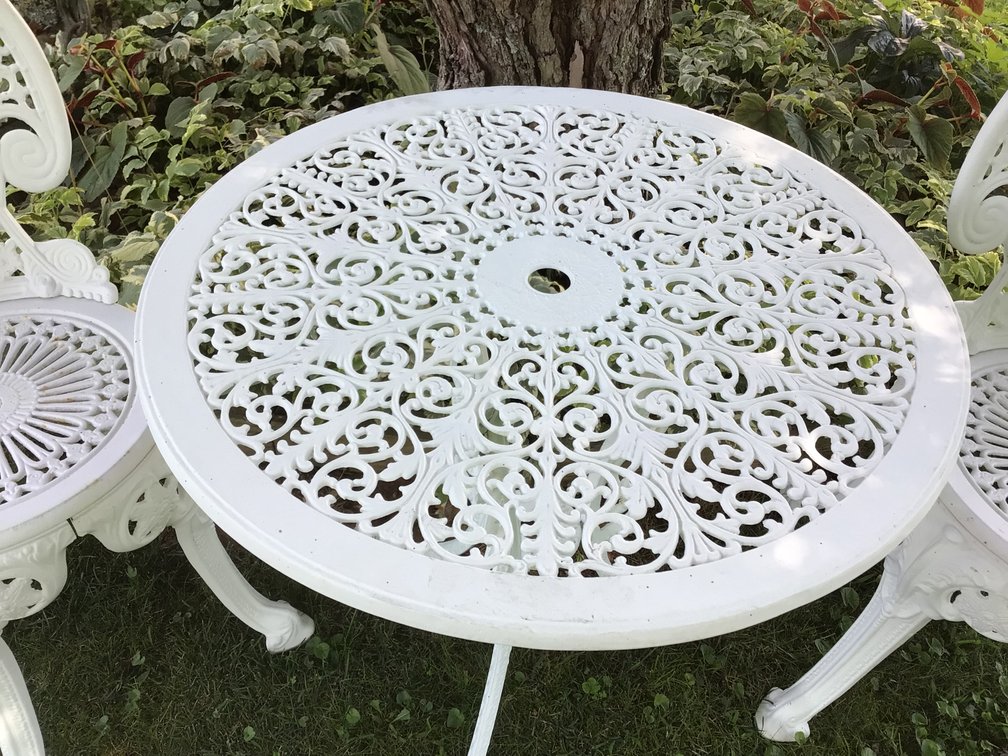 Image for Wrought iron table and two chairs,