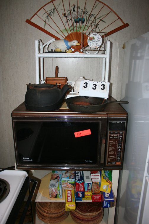 Image for Microwave (working) stand, misc items, cast iron