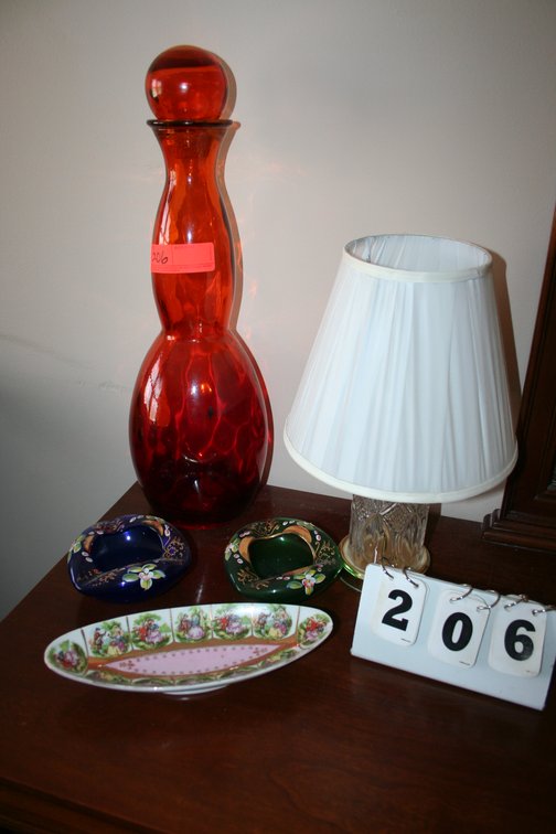 Image for Bohemian cobalt glass, large hand blown vase, lamp, hand painted tray