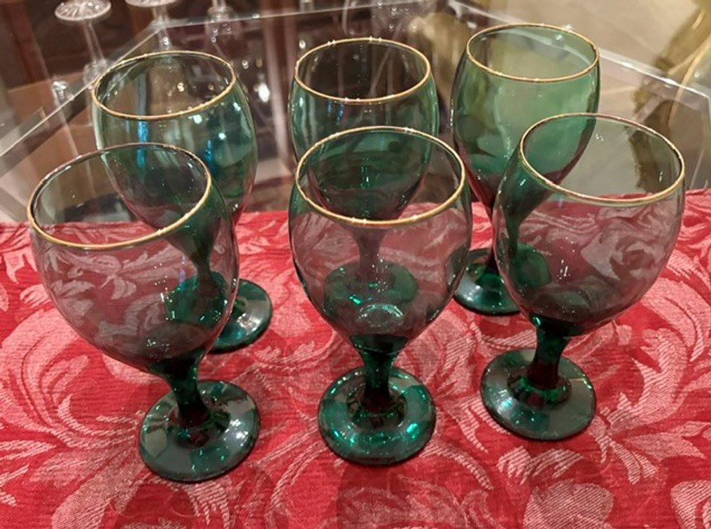 Image for 6 green, gold-rimmed goblets