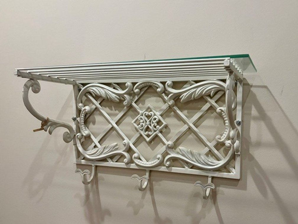 Image for White wrought iron shelf with 3 hooks