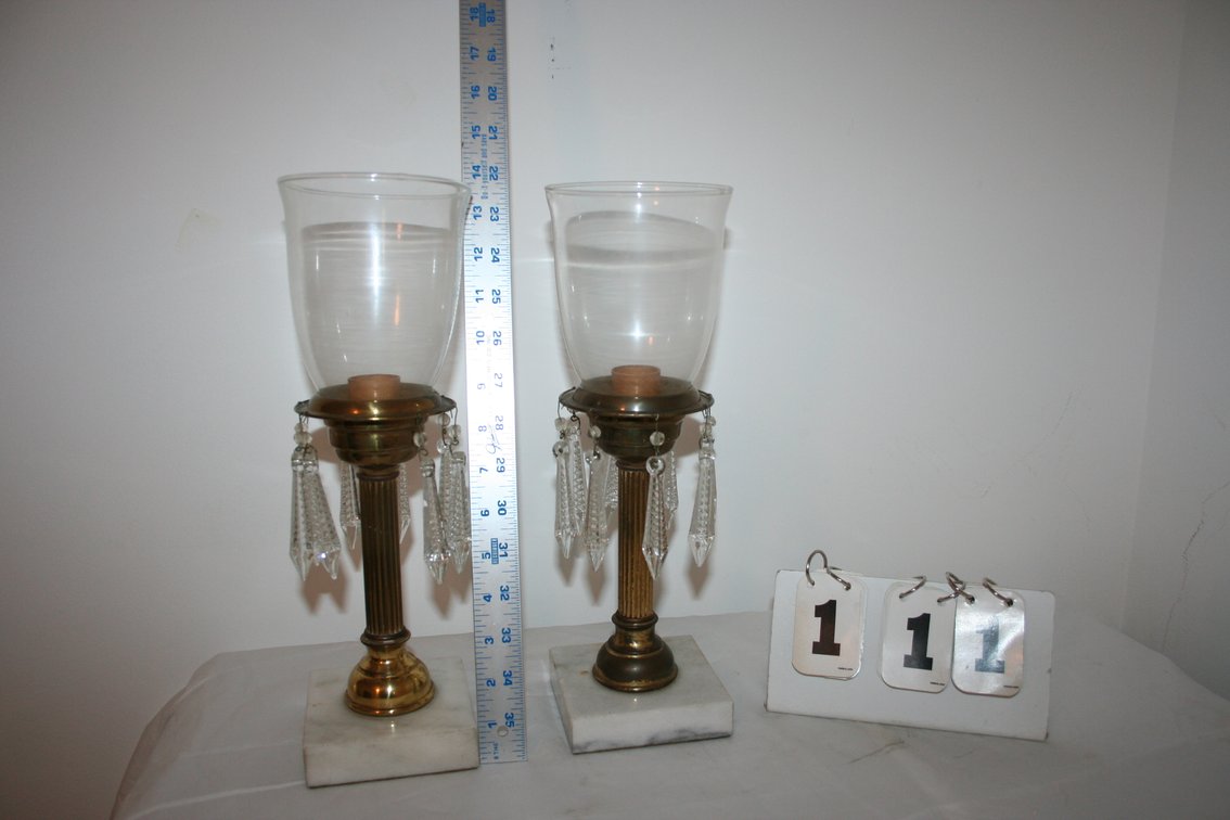 Image for Small pair of brass & marble lamps with glass shades