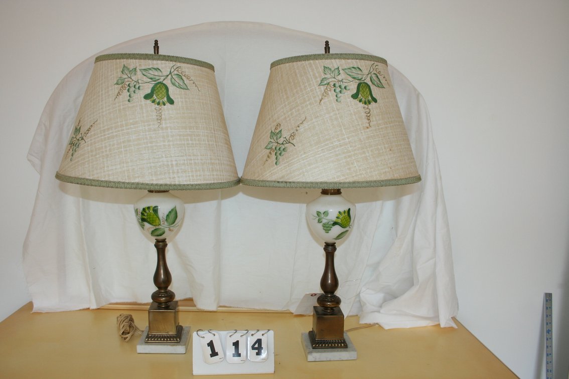 Image for Pair of 1950's brass, marble & etched glass table lamps