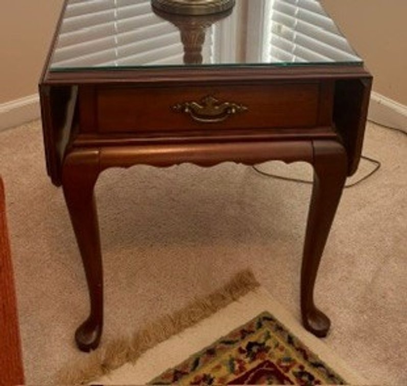 Image for Vintage Ethan Allen solid cherrywood end tables (2), with drop leaves and glass-topped