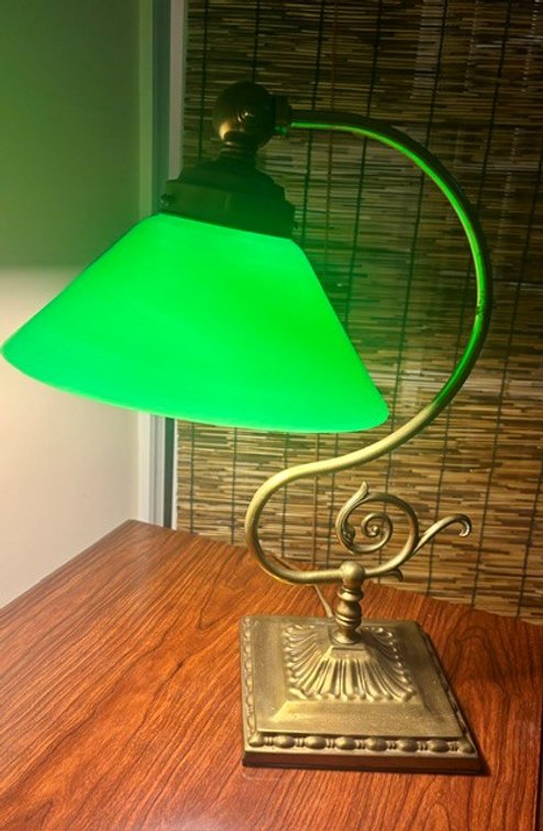 Image for Vintage Brass and Green Glass Lamp