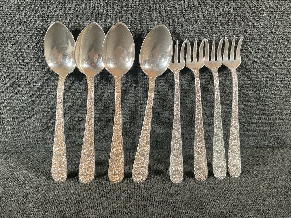 Image for S. Kirk & Son “Repousse” Heavy Sterling Silver Cocktail Forks and Tea Spoons
