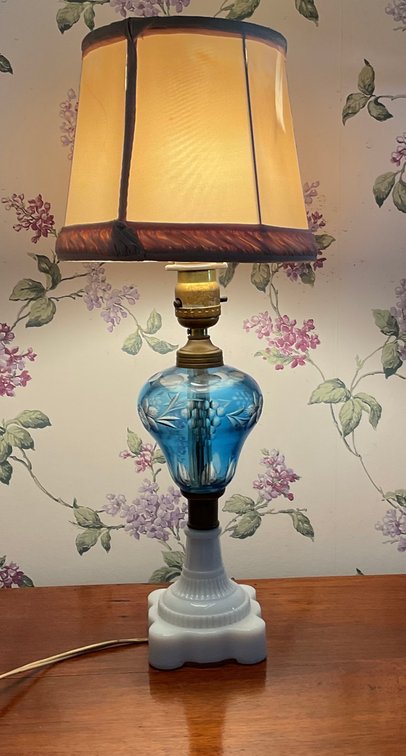 Image for Antique Lamp with Milk Glass Base and Blue Cut to Clear Fount