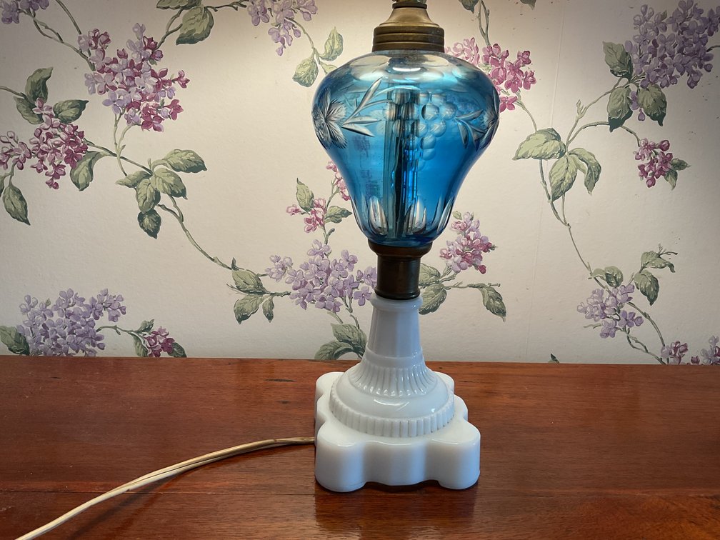 Image for Antique Lamp with Milk Glass Base and Blue Cut to Clear Fount