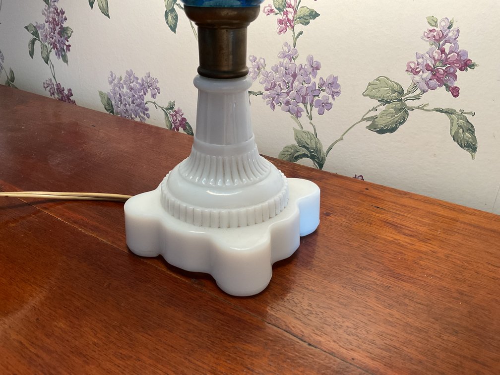 Image for Antique Lamp with Milk Glass Base and Blue Cut to Clear Fount
