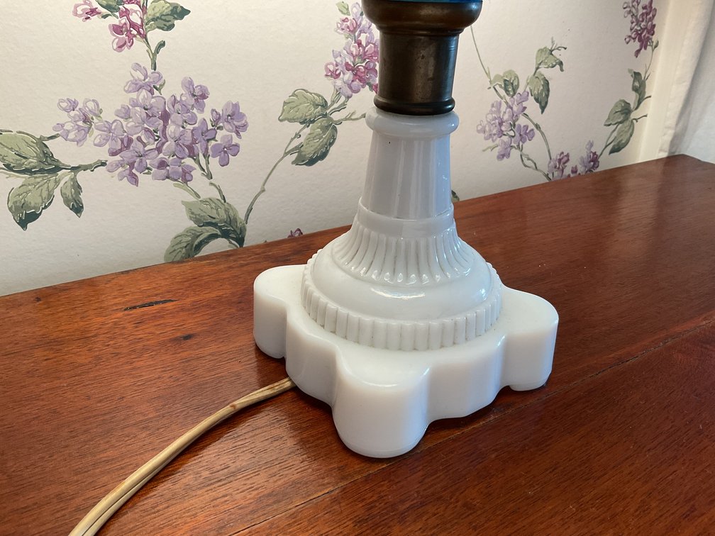 Image for Antique Lamp with Milk Glass Base and Blue Cut to Clear Fount
