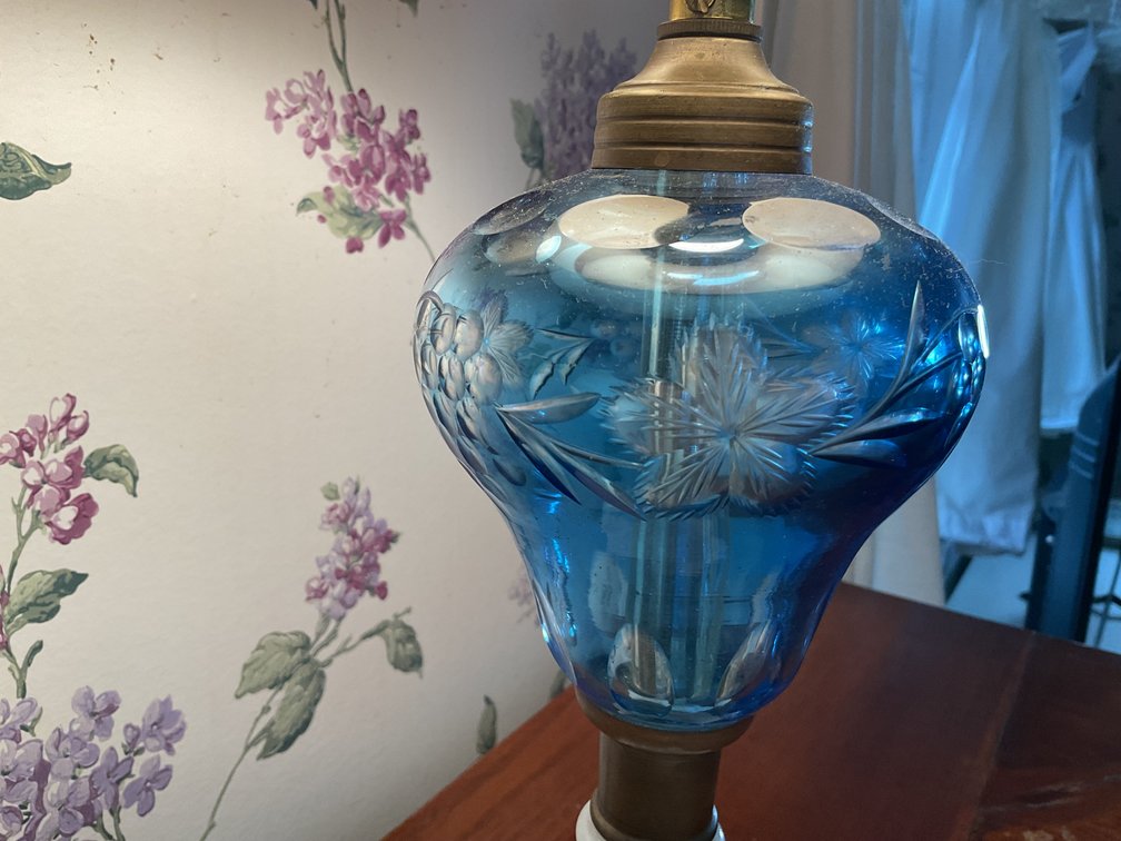 Image for Antique Lamp with Milk Glass Base and Blue Cut to Clear Fount