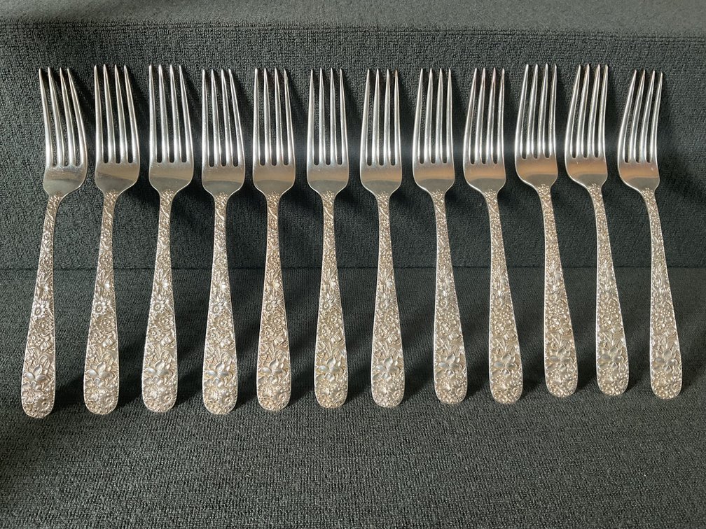 Image for S Kirk & Son “Repousse” Sterling Silver Forks 12!