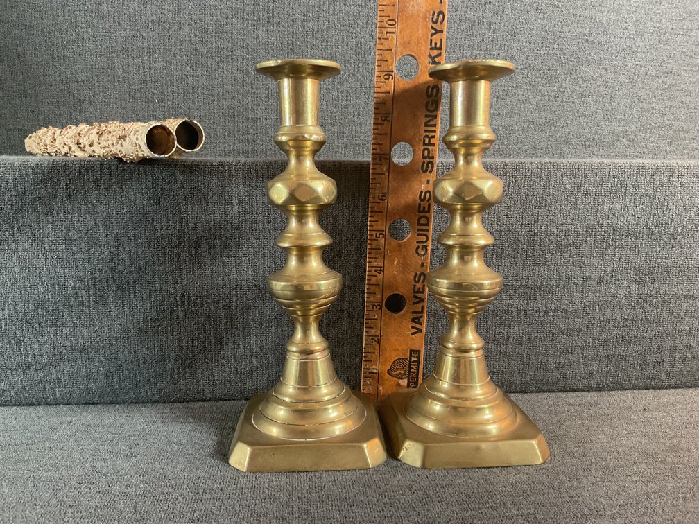 Image for Pair of Antique Brass Push Up Candlesticks