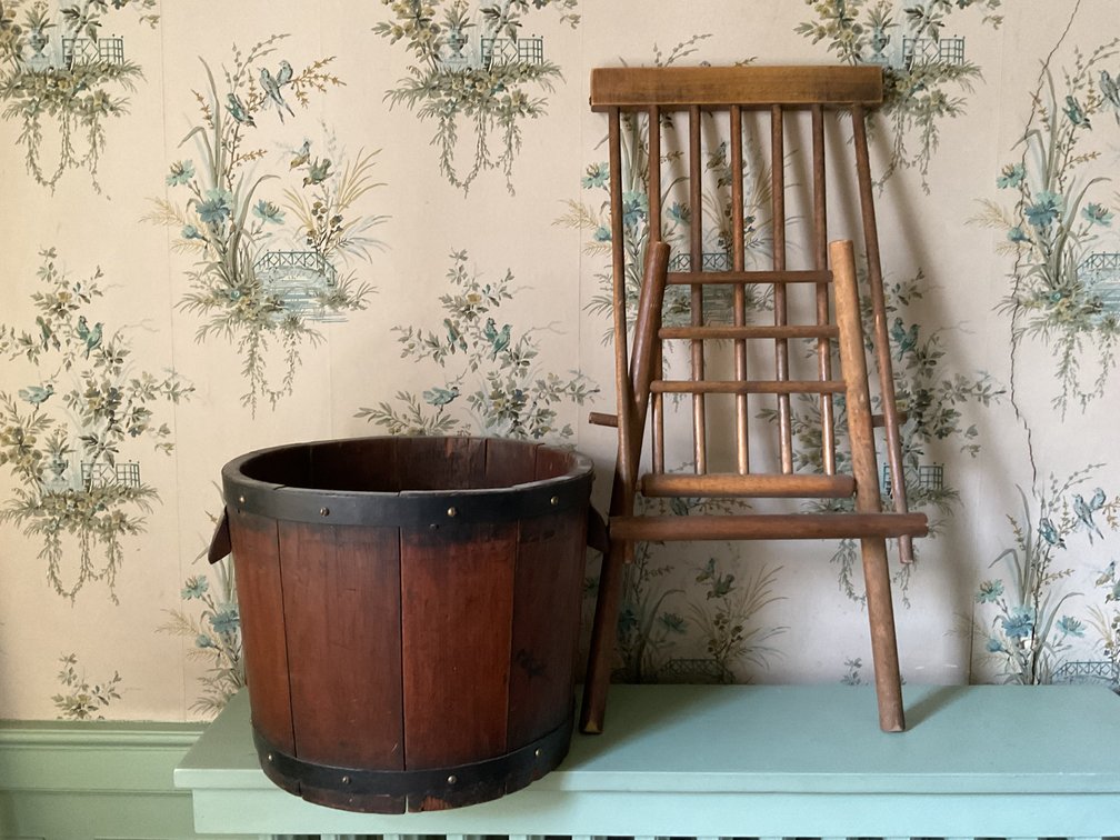 Image for Antique Wooden Bucket and Folding Chair