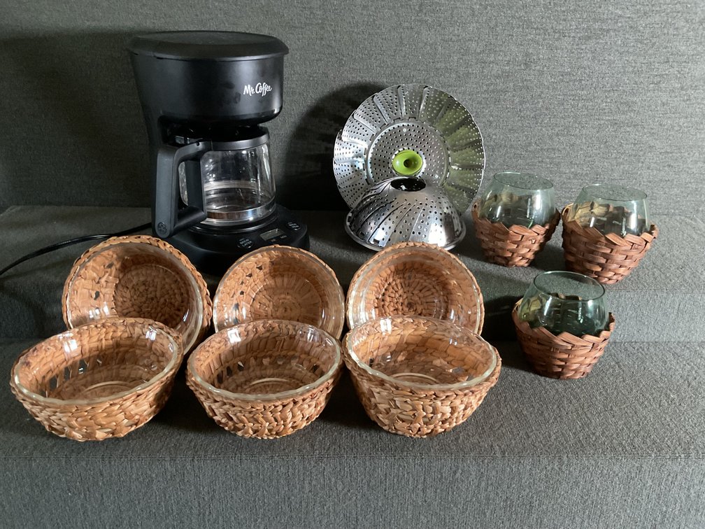 Image for Fire King Bowls in Woven Baskets