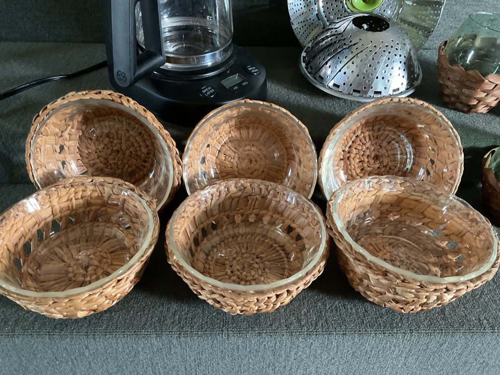 Image for Fire King Bowls in Woven Baskets