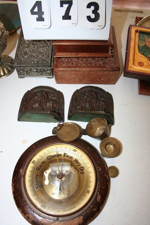 Image for Book End, Brass Scale Weights, German Hoffritz Weather Barometer