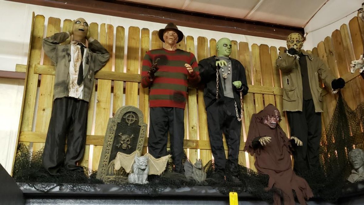 All Halloween Decor in Corner Against Fence, On Wall (Does Not Include Items on Ground)
