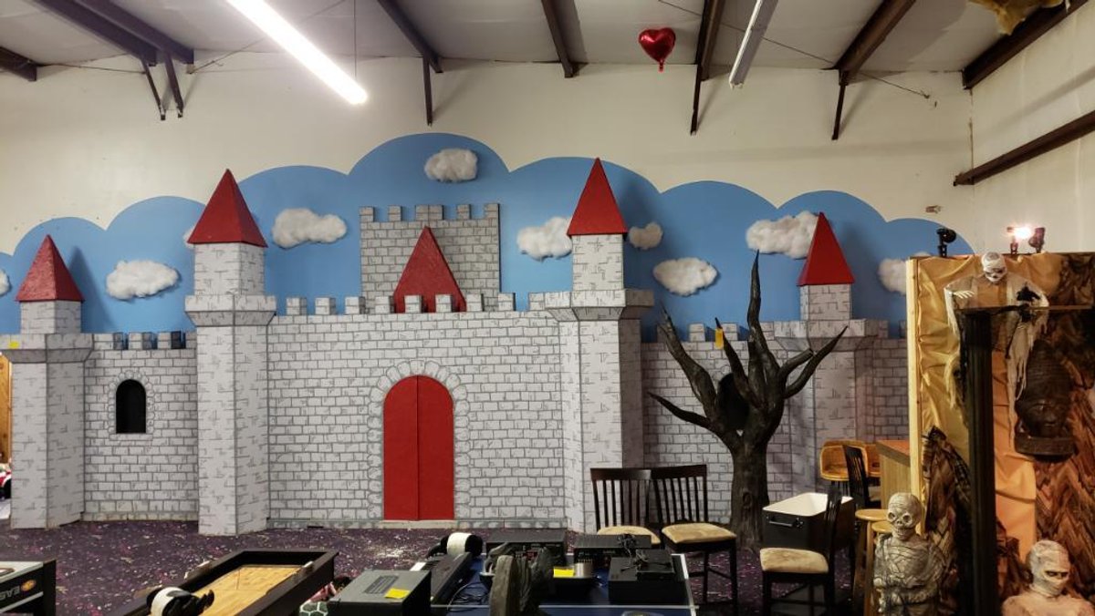 Huge Decorative Custom Made, Hand Painted, Wooden Castle Facade, Approx. 35" W x 12' H