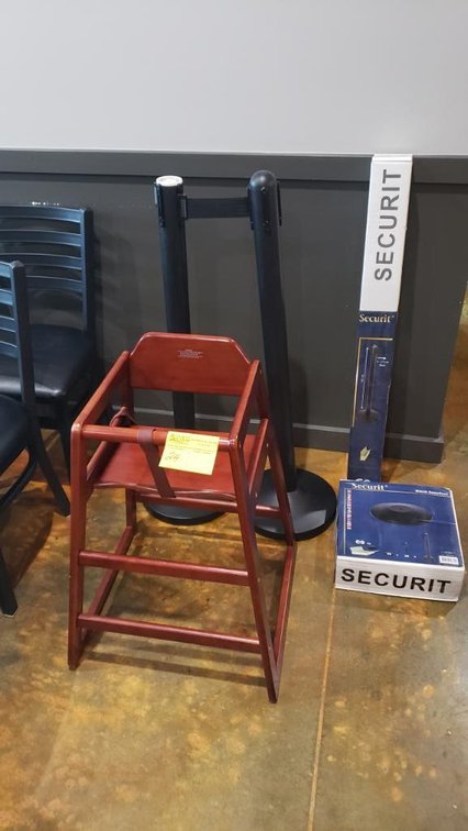 Wooden Highchair and (3) Metal Stansions