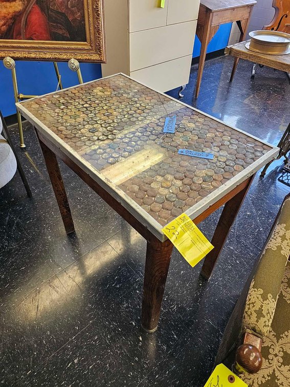 Bottle Cap Top Table - has crack on top - 30"t x 31.5"w x 20"d