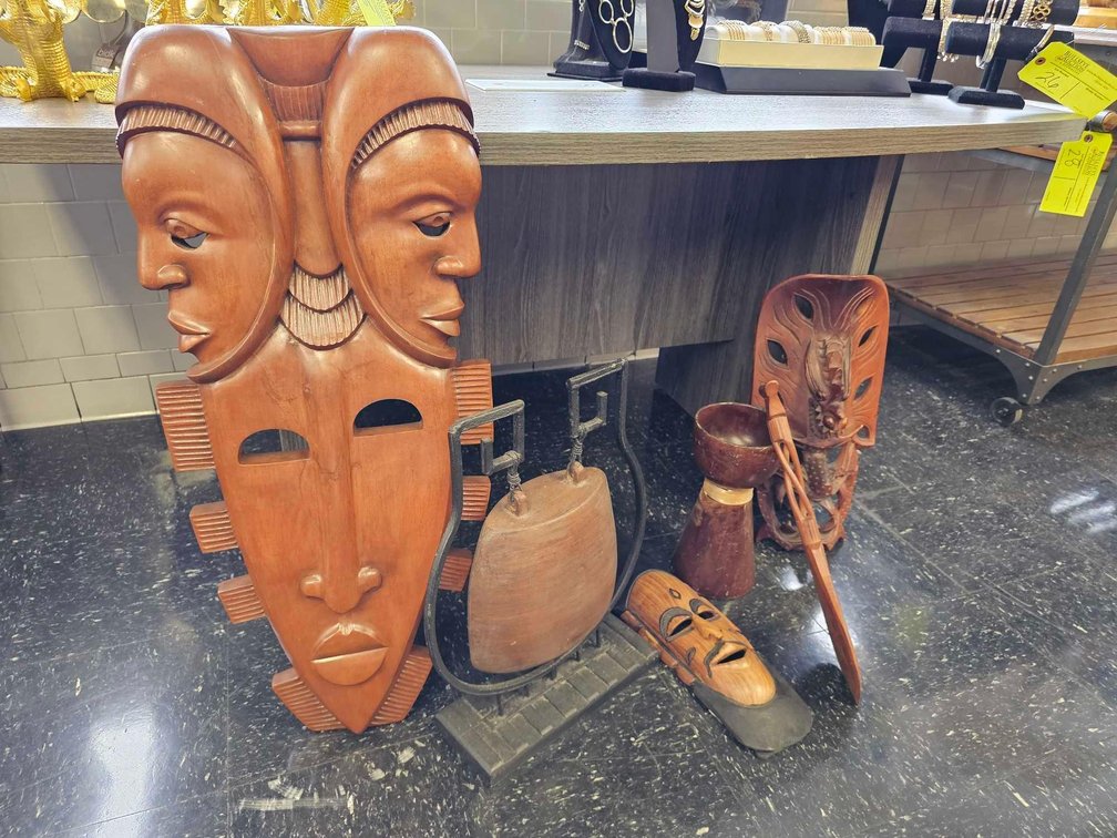 Tribal Masks (tallest 34" h),  Gong and Decor