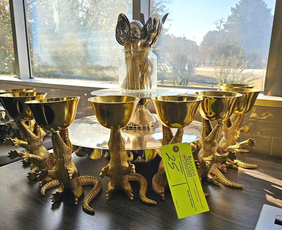 Gold Tone Alligator 10" Goblets, Silverware, and (2)Serving Stands