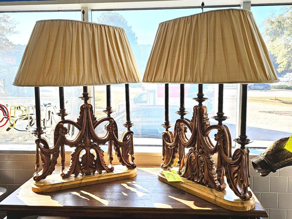 Pair of Decorative Candelabra Table Lamps oah 38"x 23" long - note repair