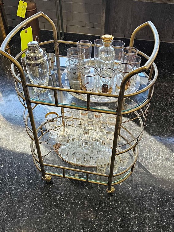 Metal/Glass Bar Cart with Assorted Serving Sets