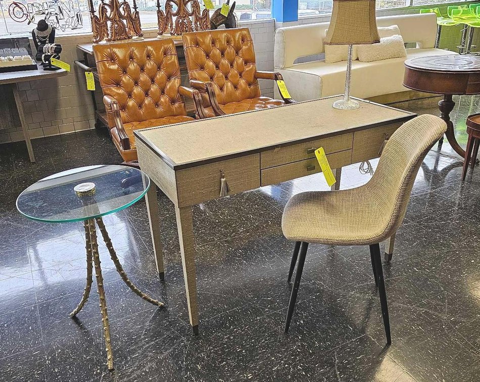 Ann Gish D'Oro Desk with Table Lamp, Accent Chair, and Glass Top Side Table