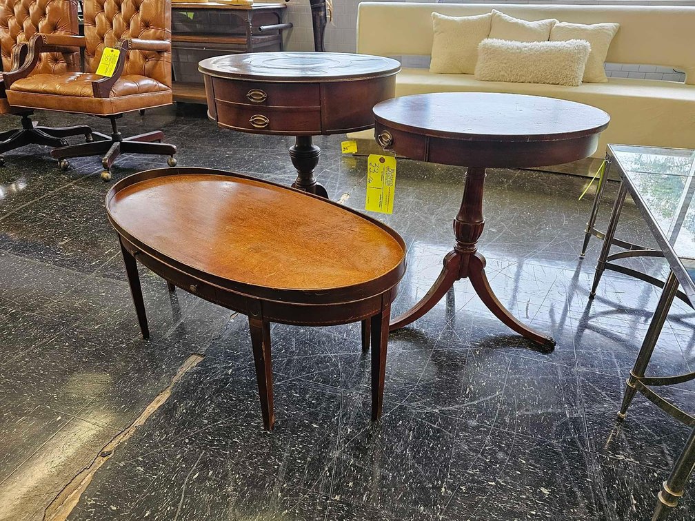 Inlaid Leather Drum Table, Mersman Pedestal and Cocktail Table