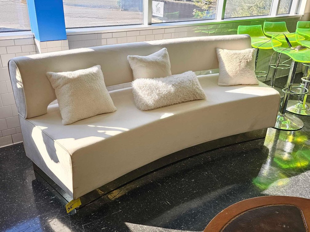 Curved Glam Cream and Gold Sofa w/ Pillows 90" oal