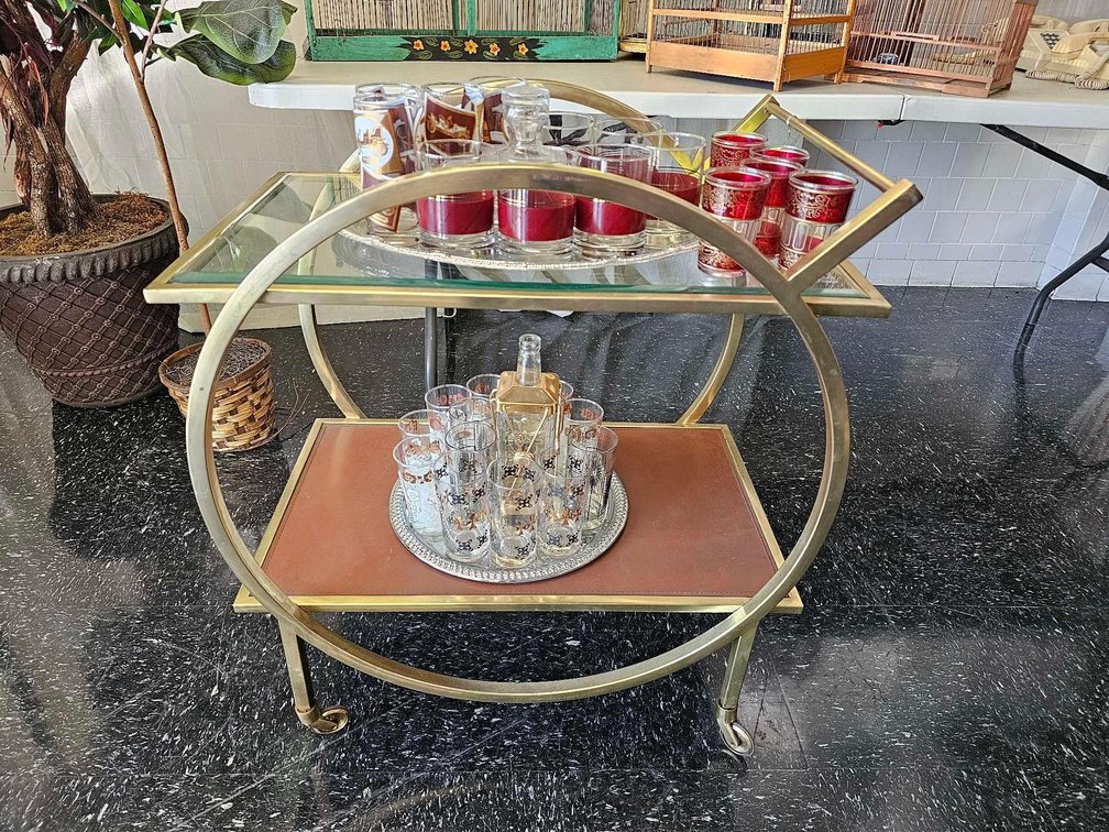 Metal/Glass Two Tier Bar Cart with Serving Sets