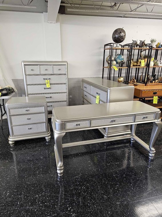Silver Tone 7 Drawer Dresser, Desk, 7 Drawer Chest, and 3 Drawer Chest