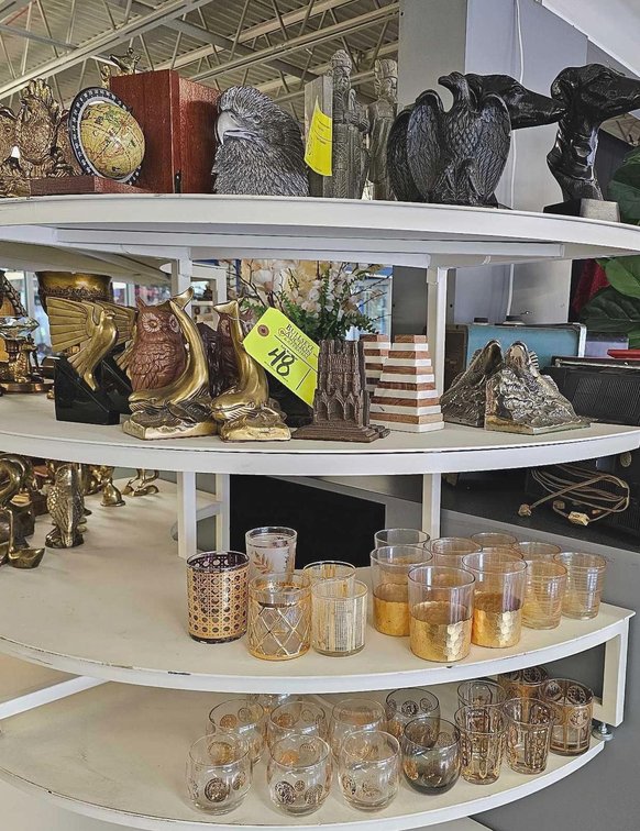Assorted Bookends and Gold Tone Drinking Glasses