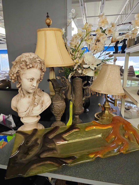 Bust of Victorian French Woman, Ewer, Teapot, Table Lamps and Decor